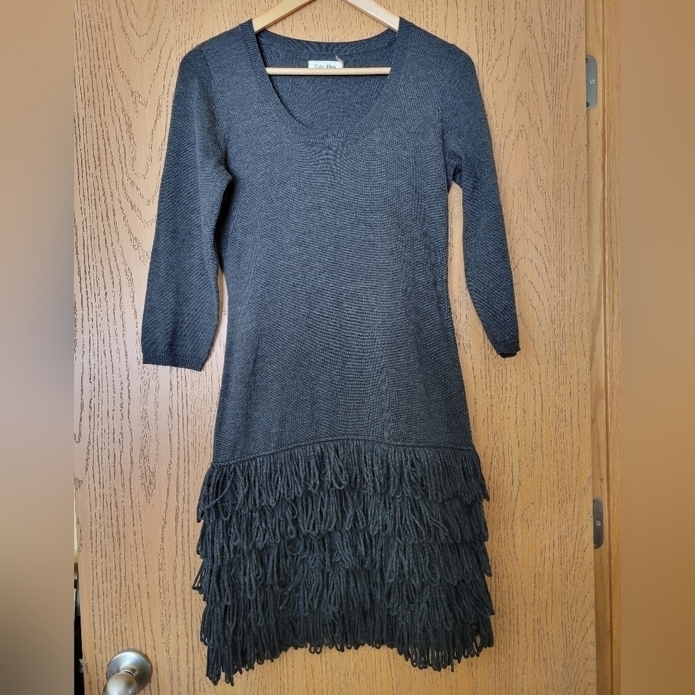 Calvin Klein grey fringe bottom 3/4 sleeve sweaterdress Size S